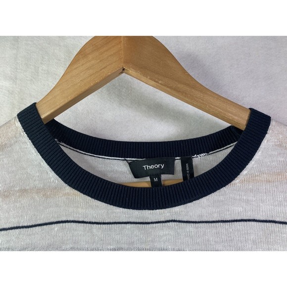 Theory Women's Size Medium Navy Blue White Striped Rainee P Prosecco Sweater Top - Picture 3 of 6